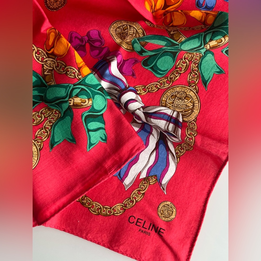 Authentic Vintage Celine Handkerchief Red Ribbon Bow Tie Metal Coin Chain Japan